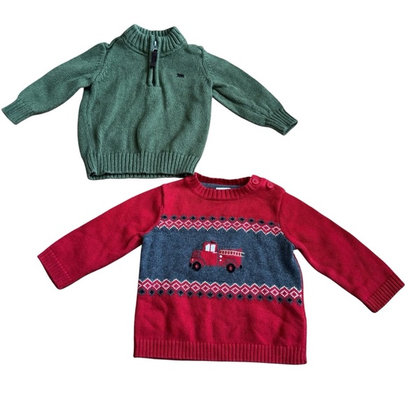Bundle 6M Baby Boy Christmas Sweater Knit Pullover Red Green 2PC Set - Picture 1 of 8